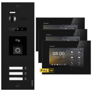 BALTER EVO HD Video Türsprechanlage mit Fingerprint Schwarz/Schwarz 3 Familienhaus Set 3x 7" LCD Monitor