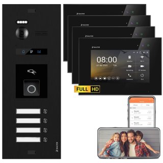 BALTER EVO HD Video Türsprechanlage mit Fingerprint Schwarz/Schwarz 4 Familienhaus Set 4x 7" LCD Monitor WiFi